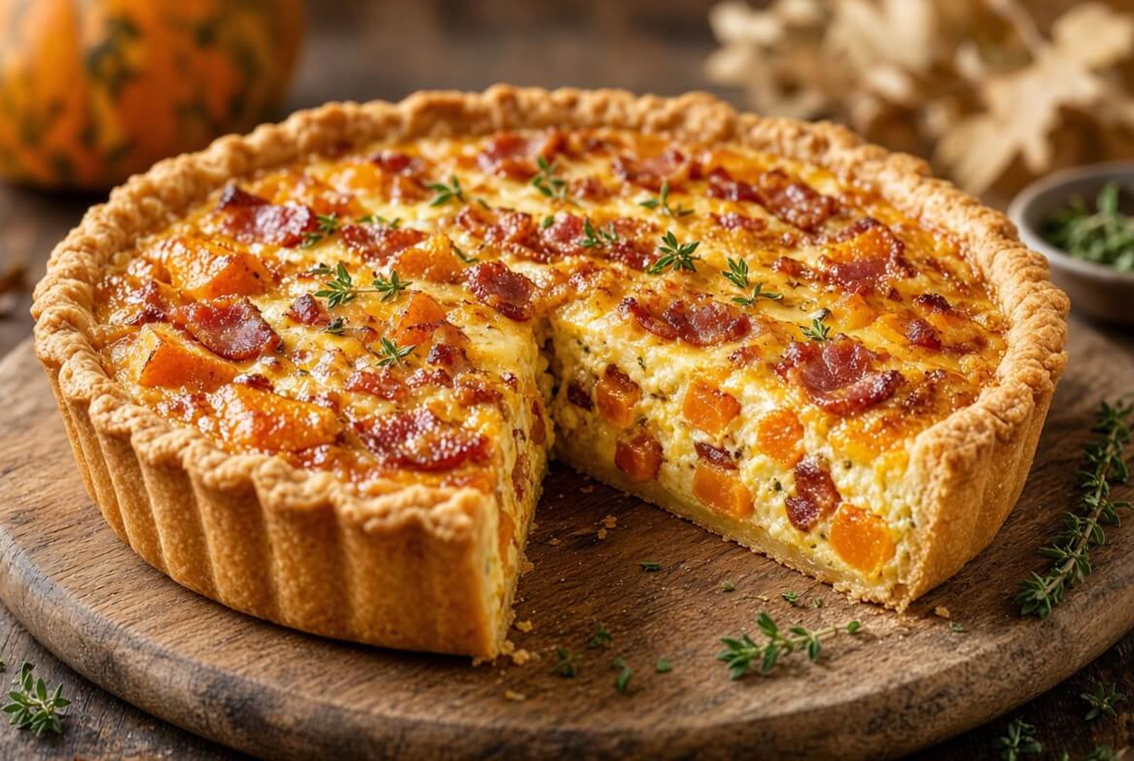 Slaný dýňový quiche se slaninou a sýrem