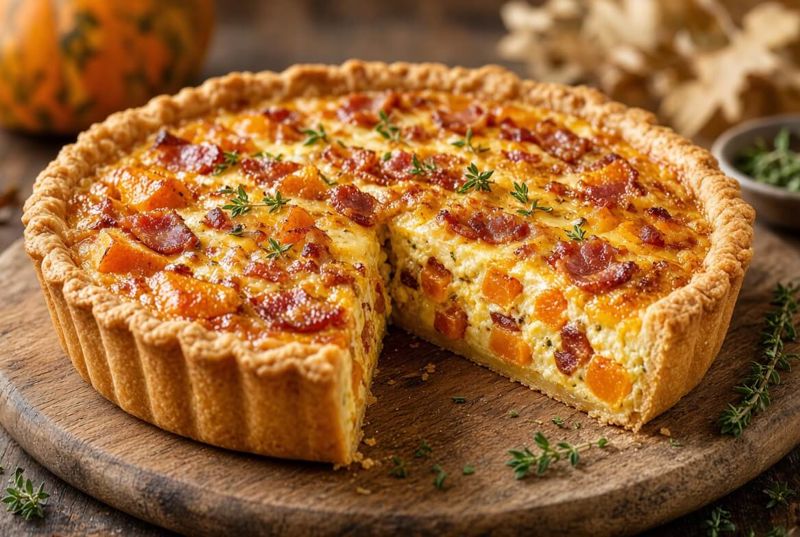Slaný dýňový quiche se slaninou a sýrem