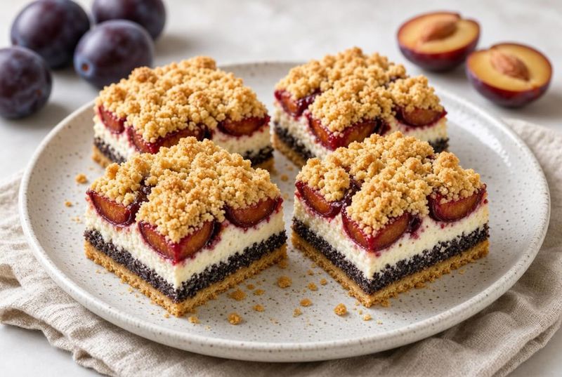 Švestkové řezy s tvarohem a mákem – vláčný recept na podzimní moučník